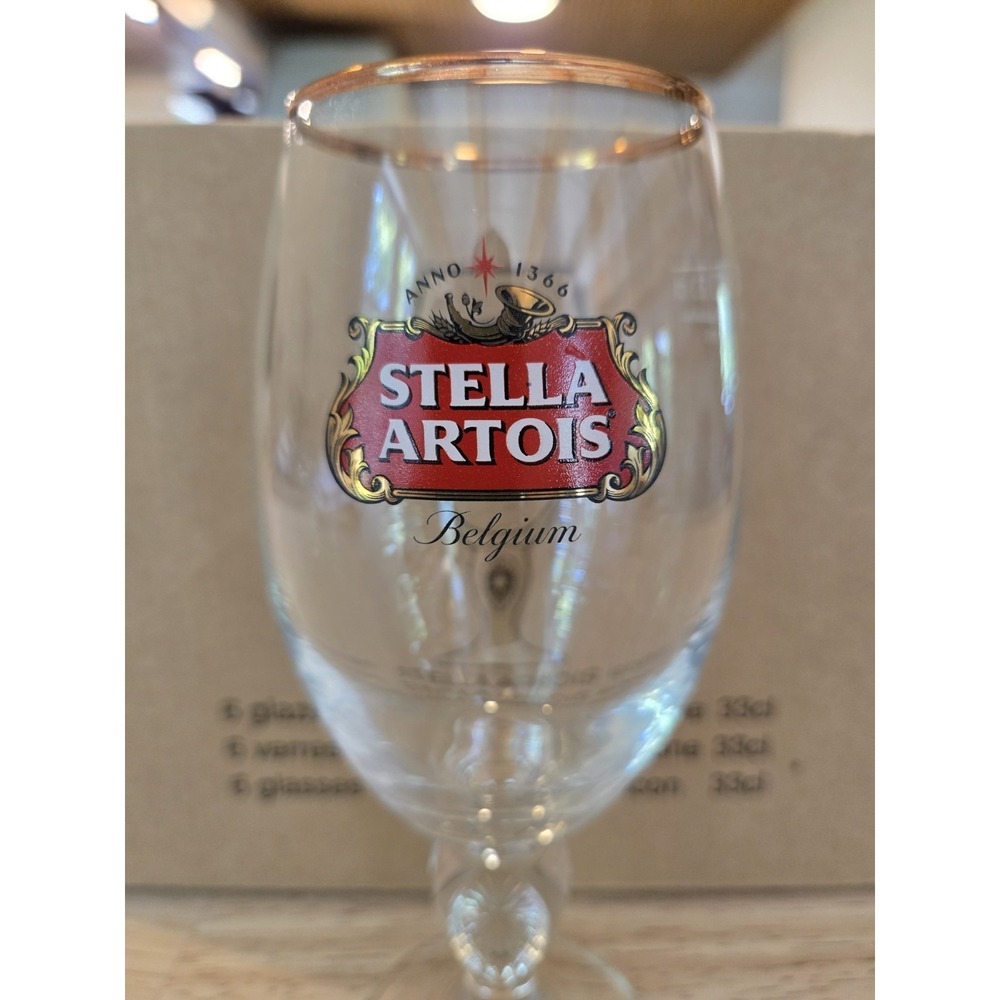 Set of 6 Stella Artois Icon Beer Glasses 33cl Gold Rim Belgium w/ Original Box